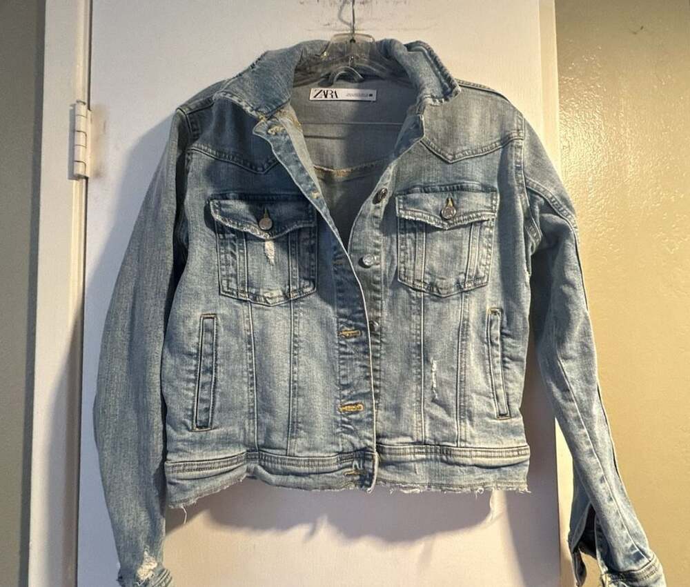 Zara Blue Distressed Denim Jacket Size M